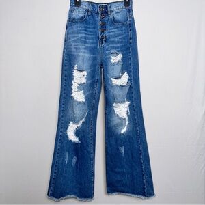 Vibrant Blue Distressed Flare Jeans Button Fly Size 5 (w26)